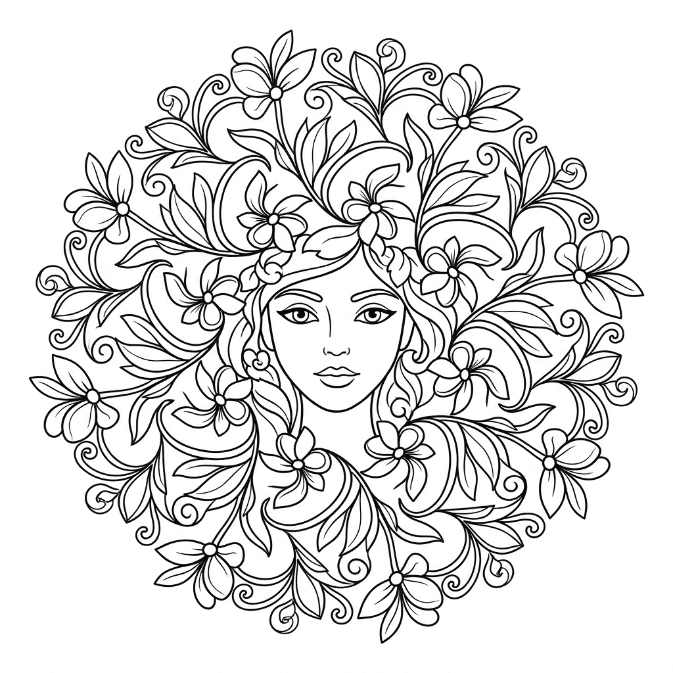 Coloriage Mandala: Femme florale Mandalas