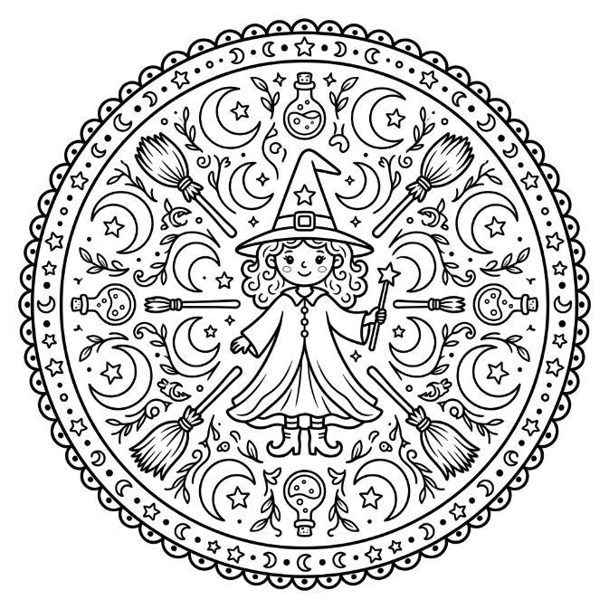 Coloriage Mandala: Gentille sorcière Mandalas