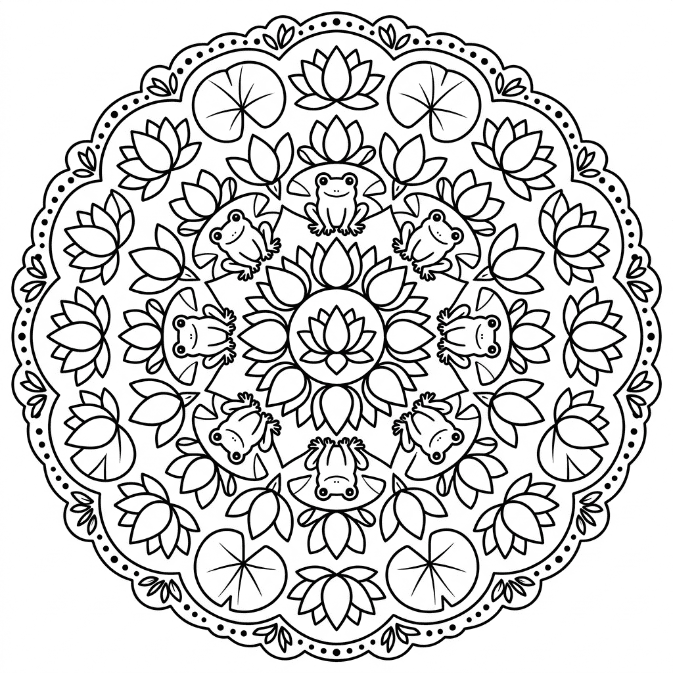 Coloriage Mandala: Grenouille avec des lotus et des nénuphars Mandalas