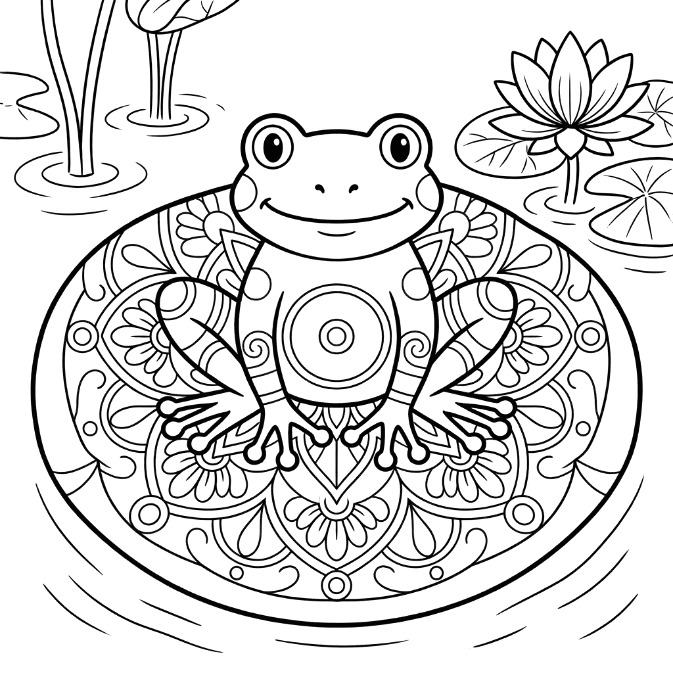 Coloriage Mandala: Grenouille sur feuille de lotus Mandalas