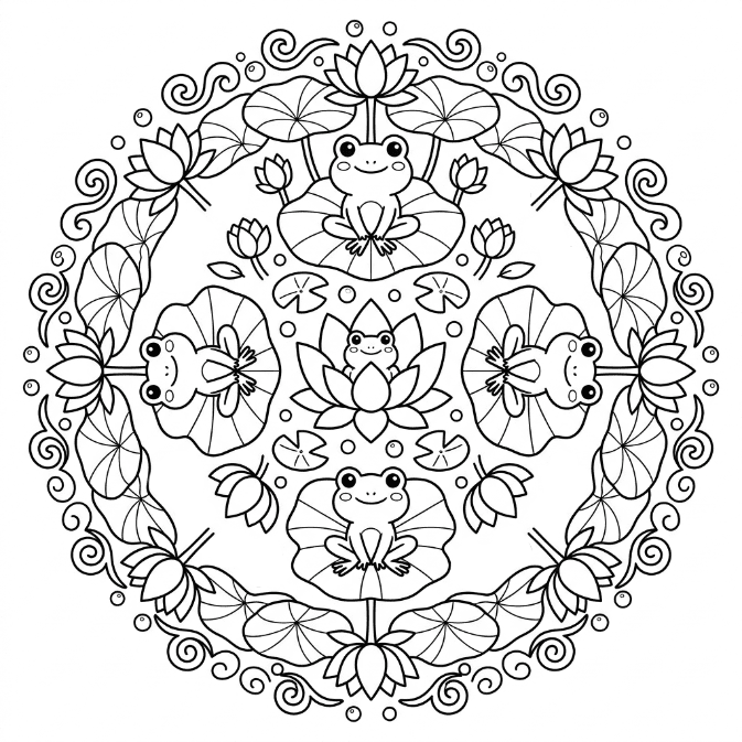 Coloriage Mandala: Grenouilles dans un étang de lotus Mandalas