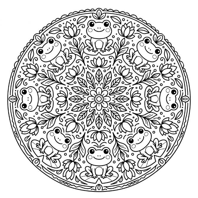 Coloriage Mandala: Grenouilles et éléments naturels Mandalas