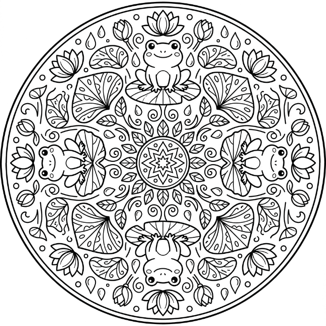 Coloriage Mandala: Grenouilles et fleurs de lotus Mandalas