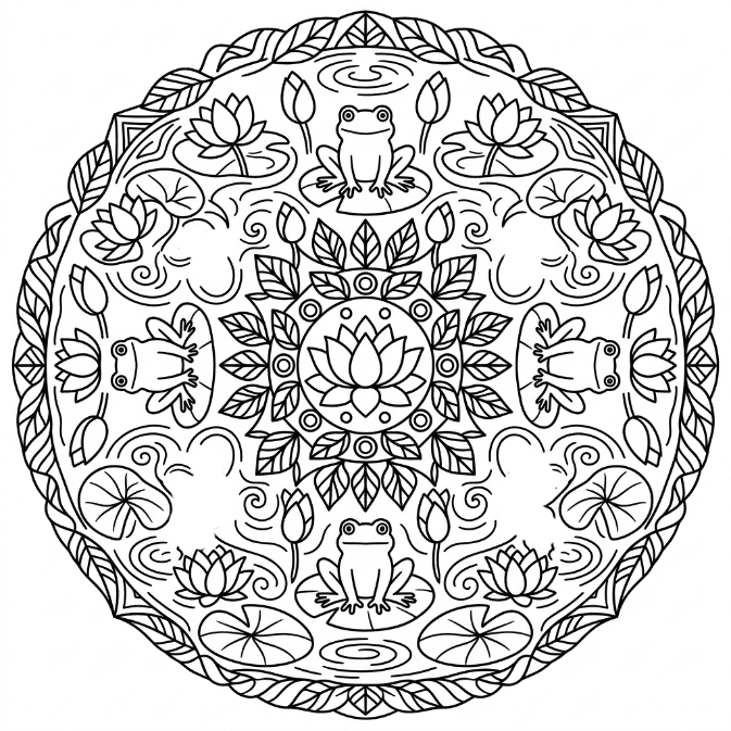 Coloriage Mandala: Grenouilles sur des nénuphars Mandalas