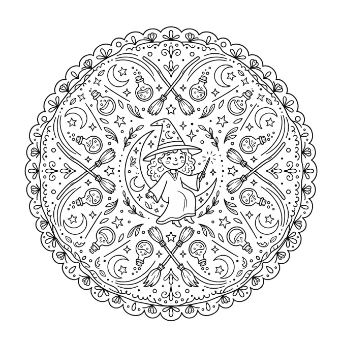 Coloriage Mandala: Joyeuse sorcière Mandalas