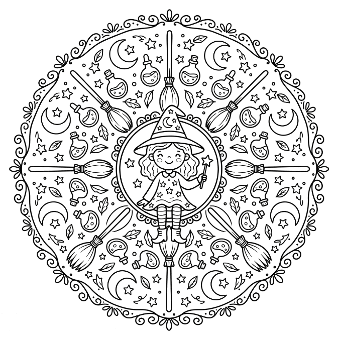 Coloriage Mandala: Mignonne sorcière Mandalas