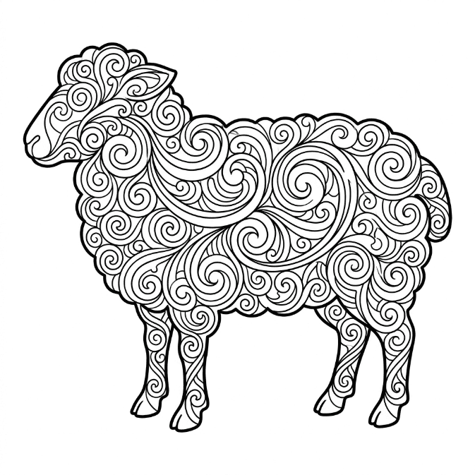 Coloriage Mandala: Mouton aux motifs en spirale Mandalas