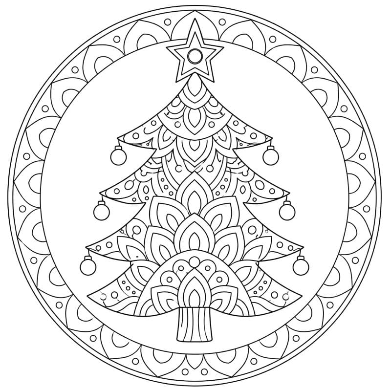 Coloriage Mandala: Sapin de Noël à motifs de pétales Mandalas