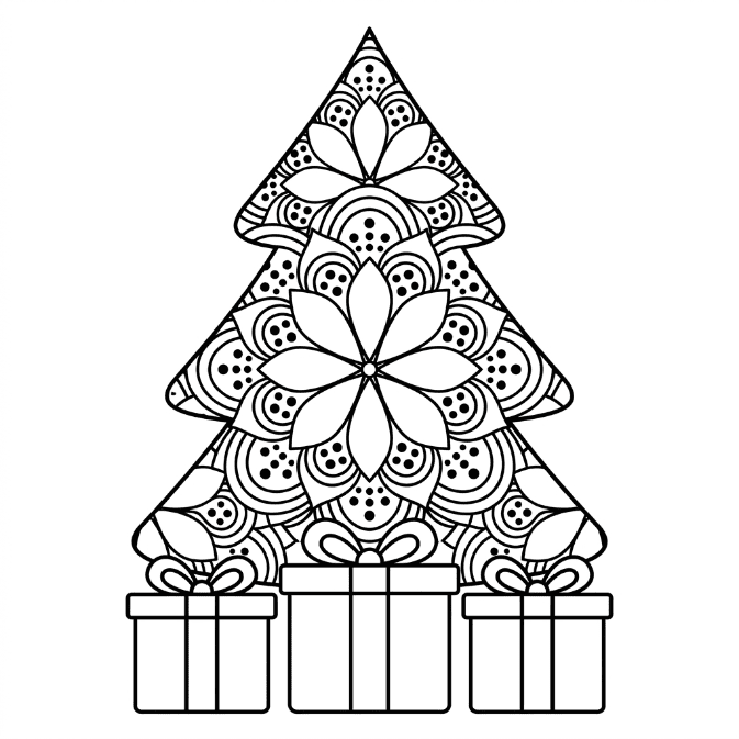 Coloriage Mandala: Sapin de Noël avec boîtes cadeaux Mandalas