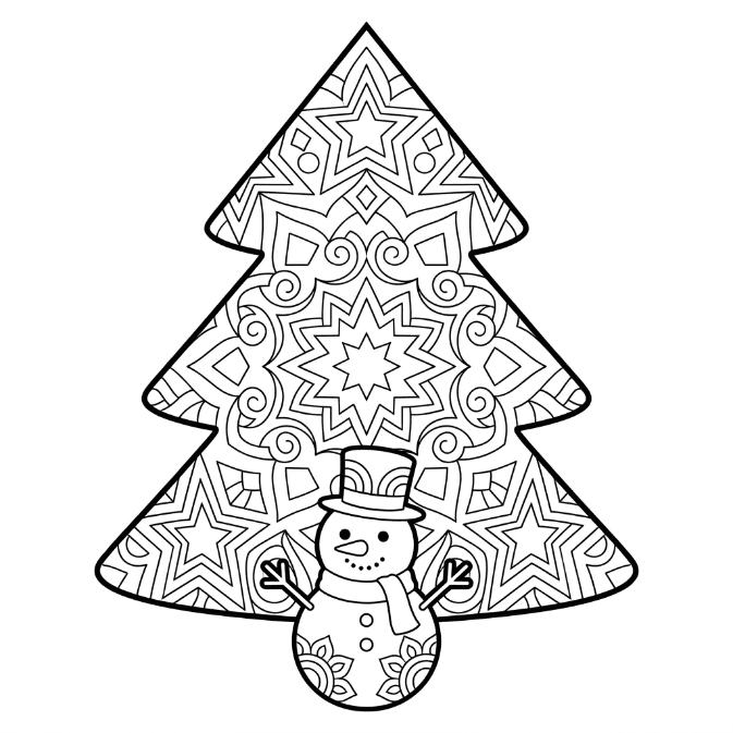 Coloriage Mandala: Sapin de Noël avec bonhomme de neige Mandalas