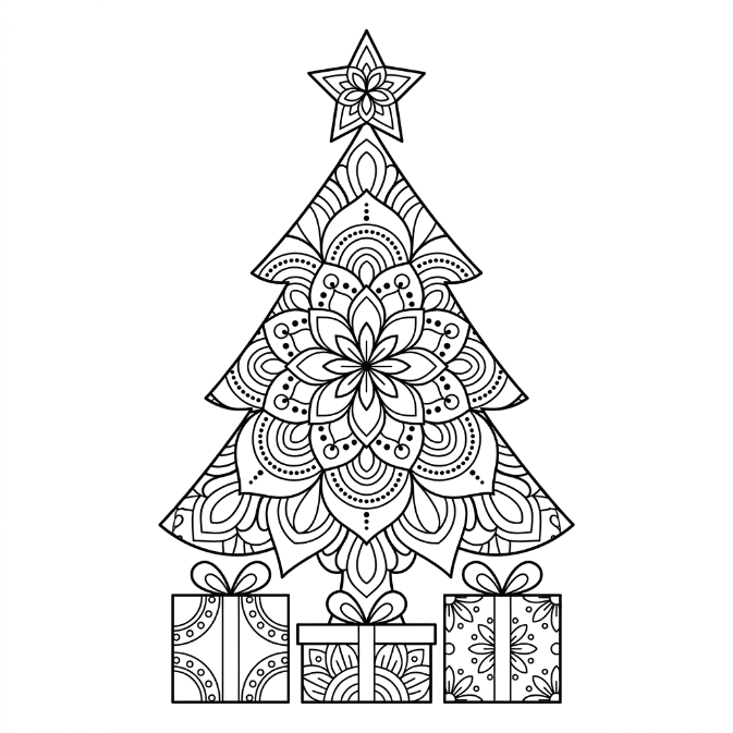 Coloriage Mandala: Sapin de Noël brillant Mandalas