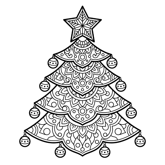 Coloriage Mandala: Sapin de Noël décoré Mandalas