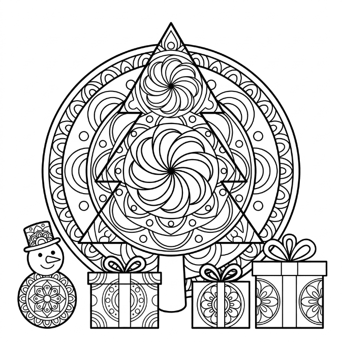 Coloriage Mandala: Sapin de Noël étincelant Mandalas