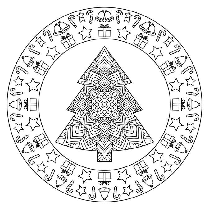 Coloriage Mandala: Sapin de Noël festif Mandalas