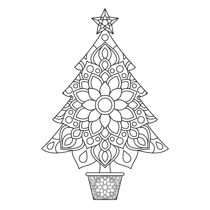 Coloriage Mandala: Sapin de Noël lumineux Mandalas