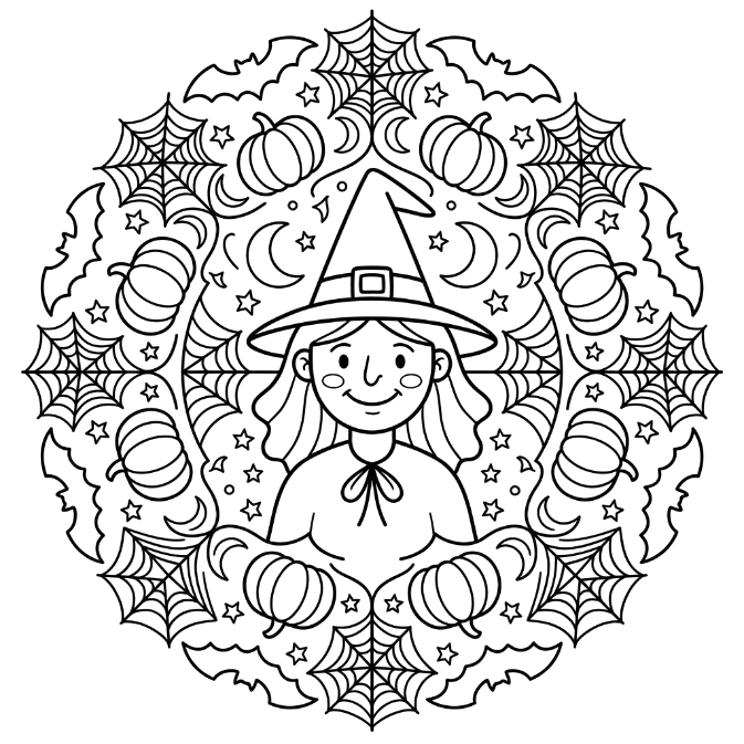 Coloriage Mandala: Sorcière aux éléments effrayants Mandalas