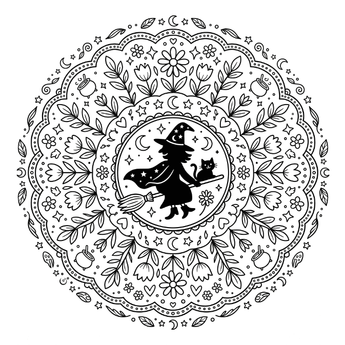 Coloriage Mandala: Sorcière aux motifs floraux Mandalas