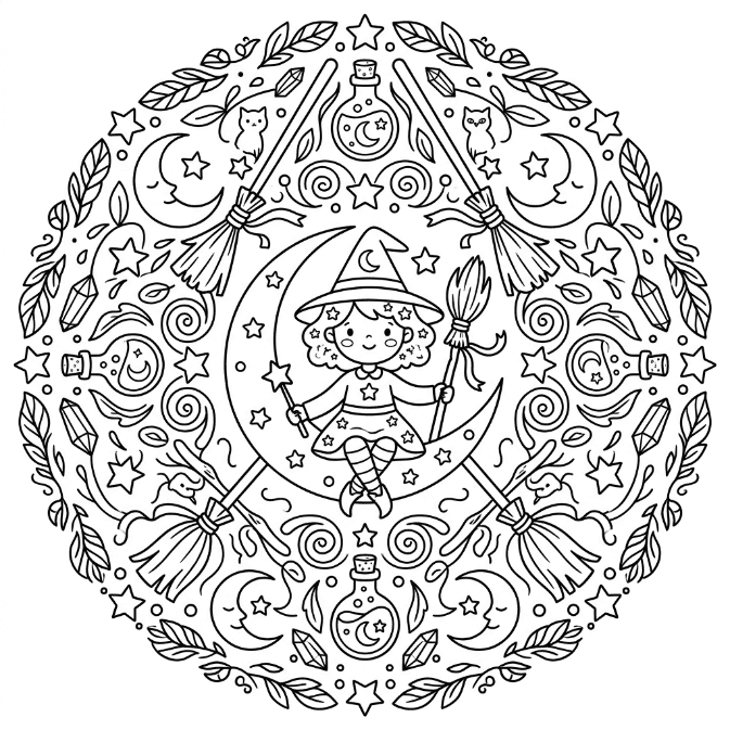 Coloriage Mandala: Sorcière de dessin animé Mandalas