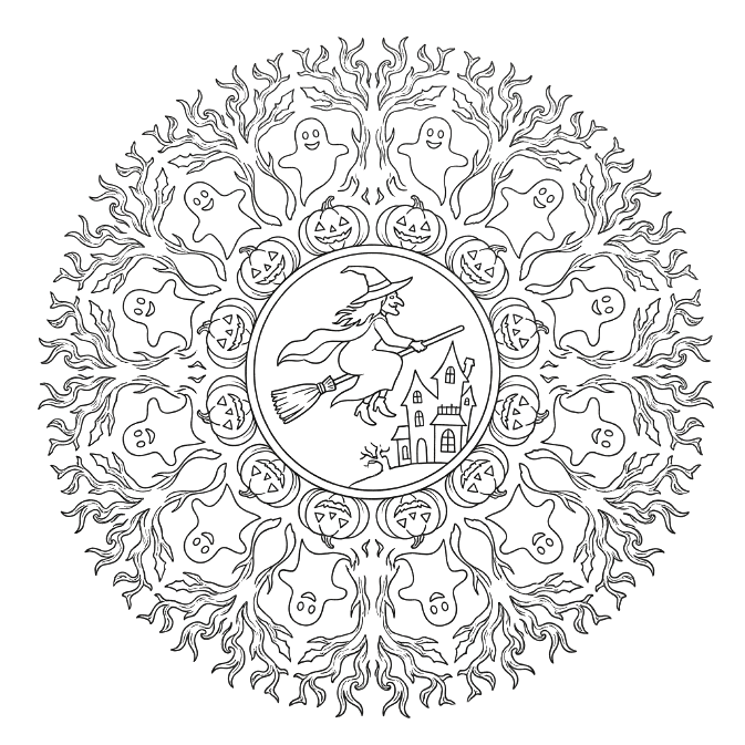 Coloriage Mandala: Sorcière et éléments effrayants Mandalas