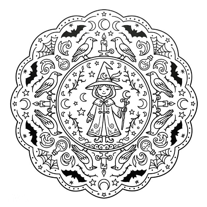 Coloriage Mandala: Sorcière et motifs magiques Mandalas