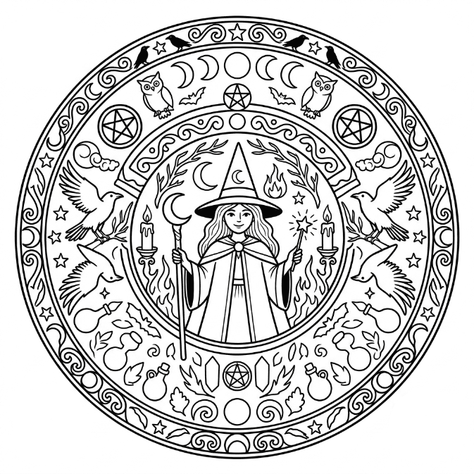 Coloriage Mandala: Sorcière mystérieuse Mandalas