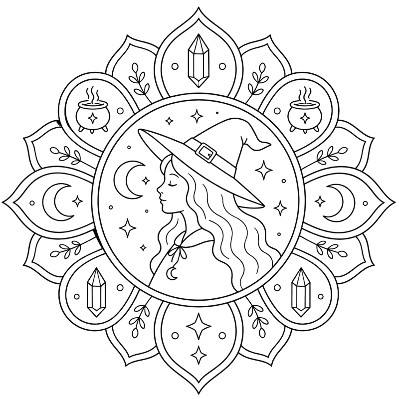 Coloriage Mandala: Sorcière paisible Mandalas