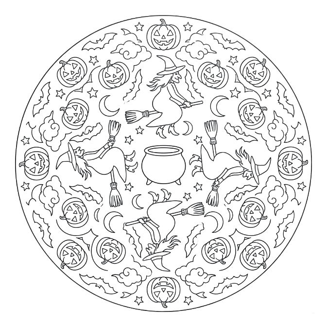 Coloriage Mandala: Sorcières et citrouilles d'Halloween Mandalas