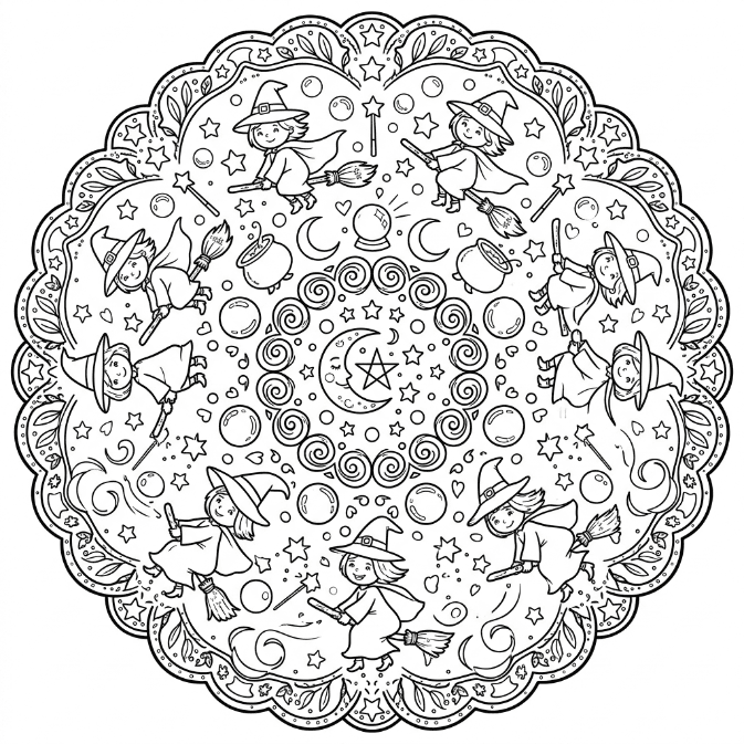 Coloriage Mandala: Sorcières volant sur des balais Mandalas