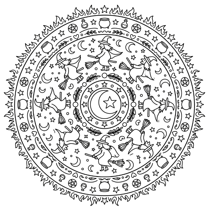 Coloriage Mandala: Sorcières volantes Mandalas