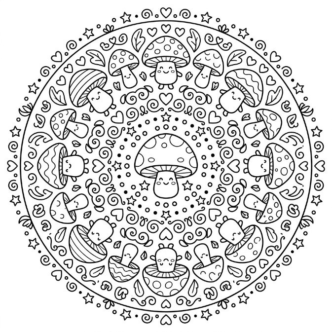 Champignons de dessin animé mignons Mandalas