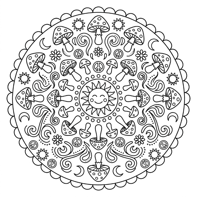 Coloriage Mandala: Champignons style hippie Mandalas