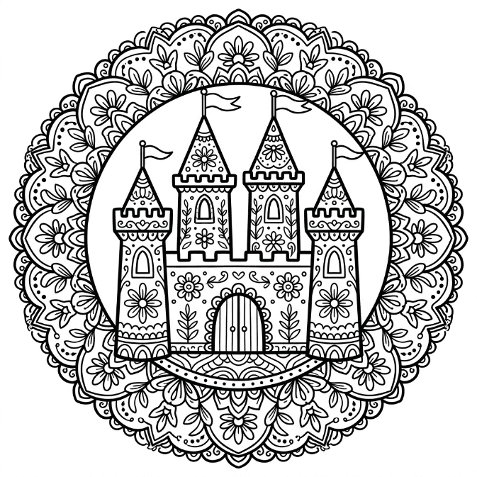 Coloriage Mandala: Château de conte de fées Mandalas