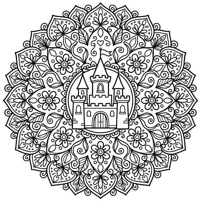 Coloriage Mandala: Château et des éléments floraux Mandalas