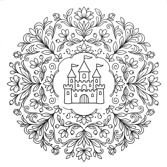 Coloriage Mandala: Château et éléments naturels Mandalas