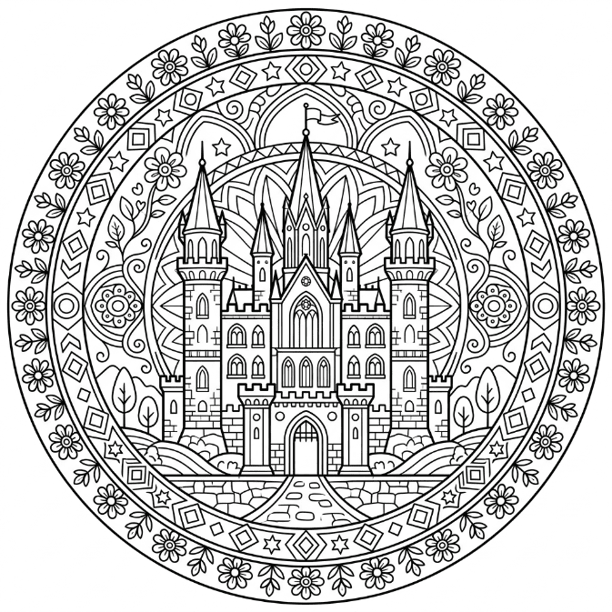 Coloriage Mandala: Château fantastique Mandalas