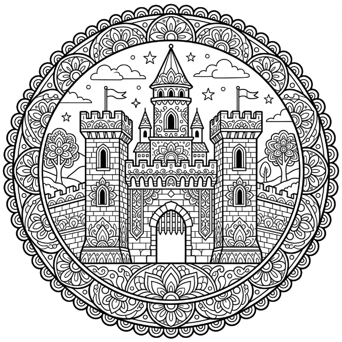Coloriage Mandala: Château médiéval Mandalas