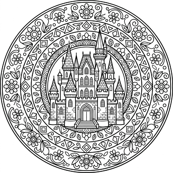 Coloriage Mandala: Château pour adultes Mandalas