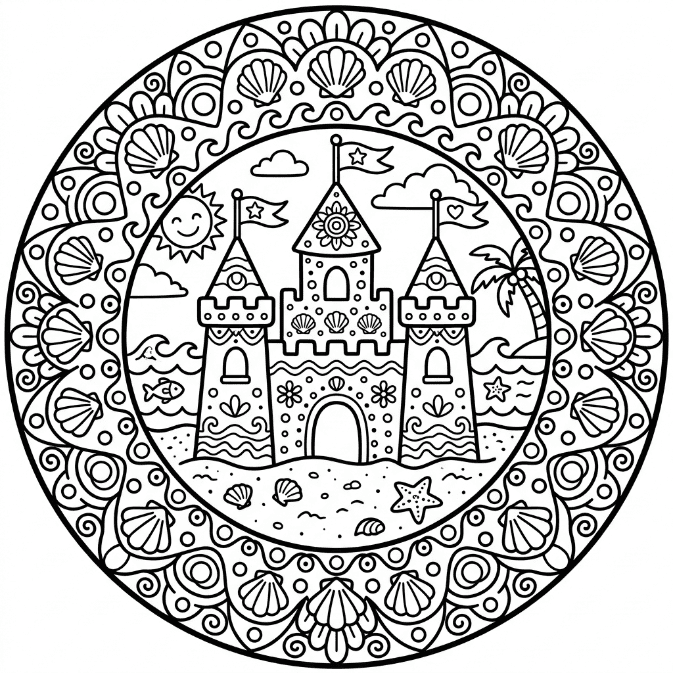 Coloriage Mandala: Château sur la plage Mandalas