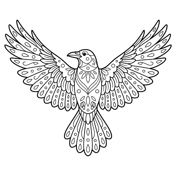 Coloriage Mandala: Corbeau aux ailes déployées Mandalas
