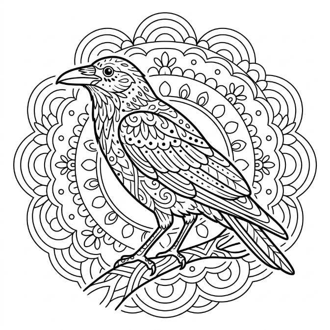 Coloriage Mandala: Corbeau détaillé Mandalas