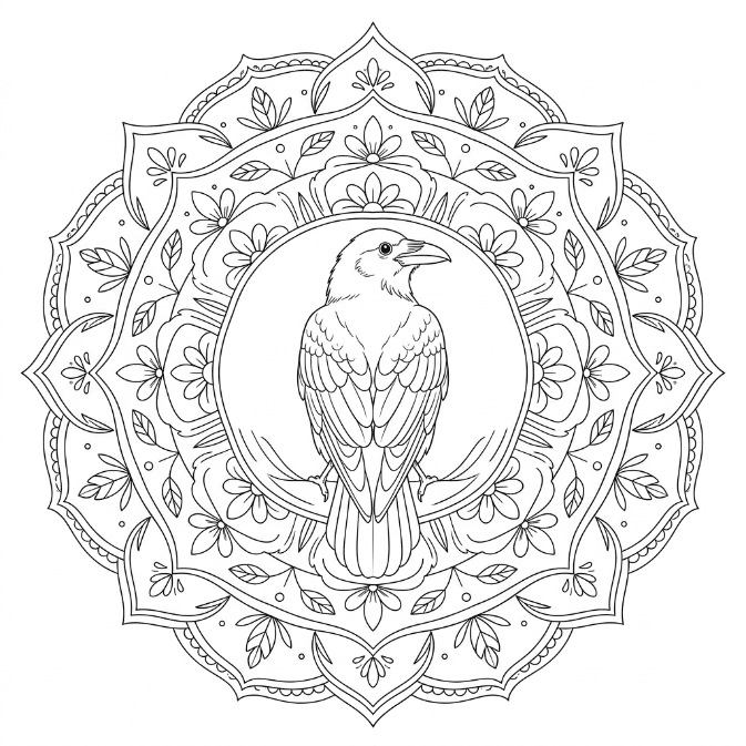 Coloriage Mandala: Corbeau et éléments floraux Mandalas