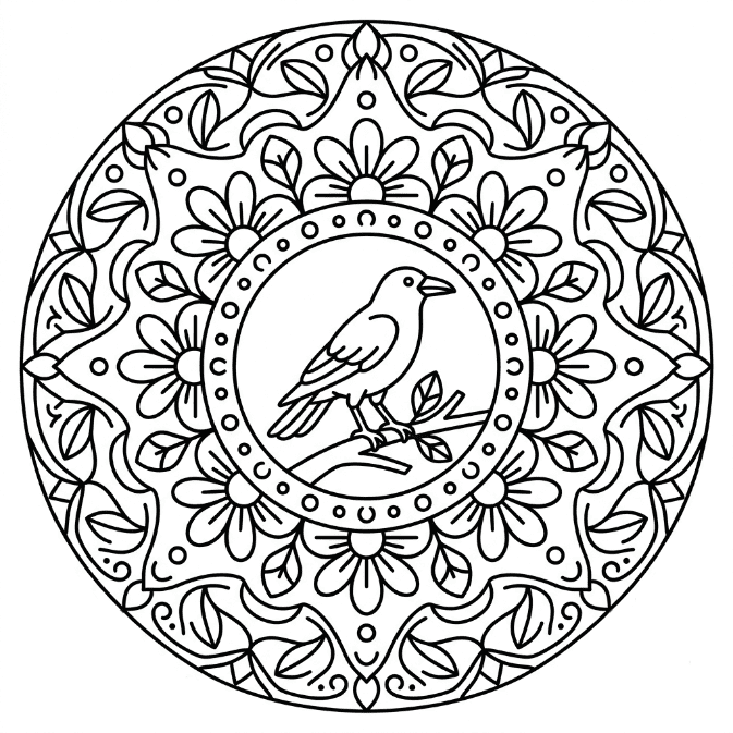 Coloriage Mandala: Corbeau facile Mandalas