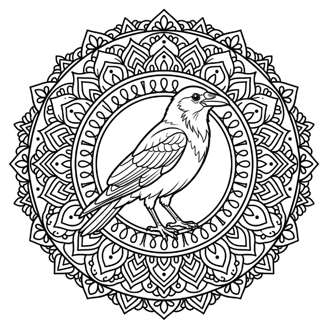 Coloriage Mandala: Corbeau réaliste Mandalas