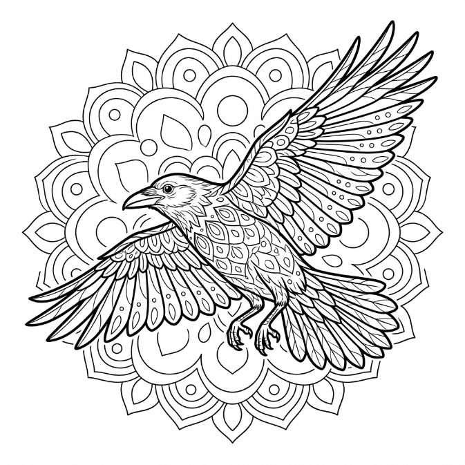 Coloriage Mandala: Corbeau volant Mandalas