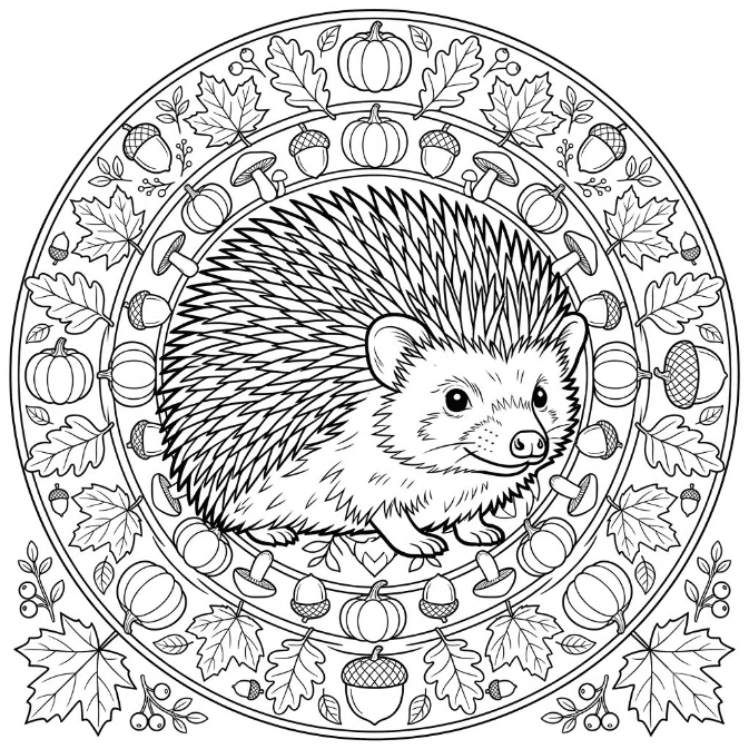 Coloriage Mandala: Hérisson et éléments d'automne Mandalas