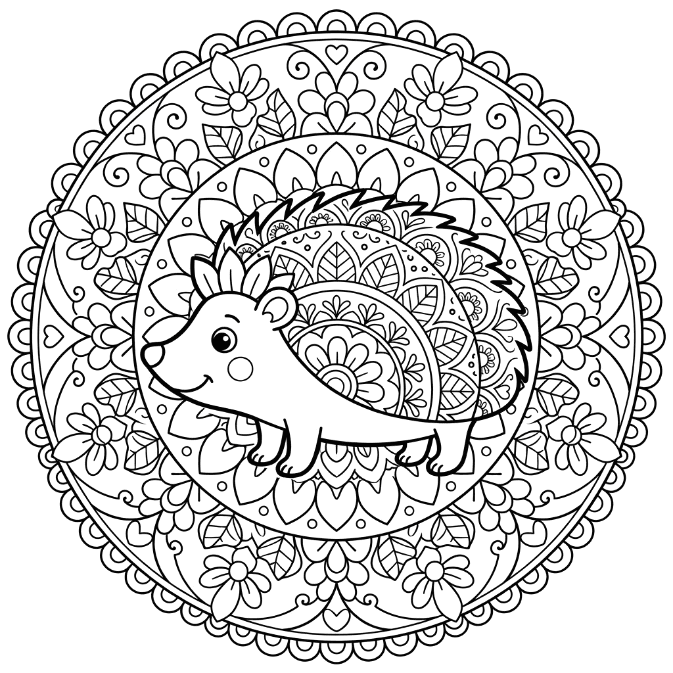 Coloriage Mandala: Hérisson et motifs floraux Mandalas