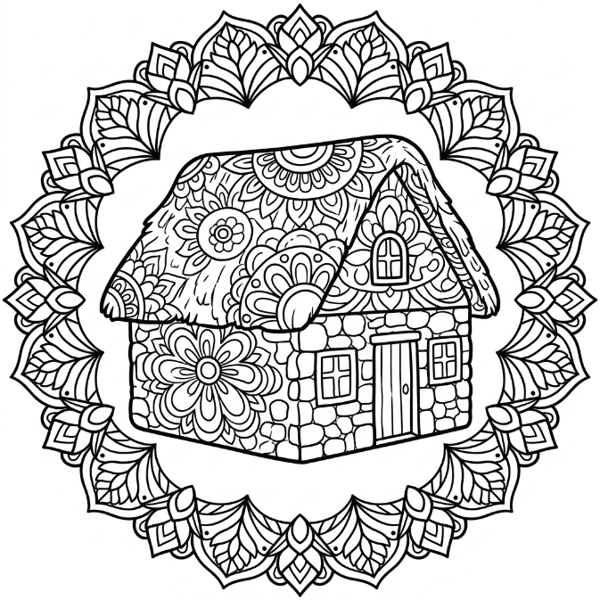 Coloriage Mandala: Maison de campagne confortable Mandalas
