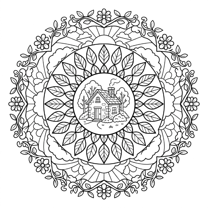 Coloriage Mandala: Maison de campagne Mandalas