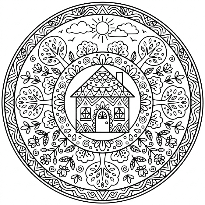 Coloriage Mandala: Maison de dessin animé Mandalas