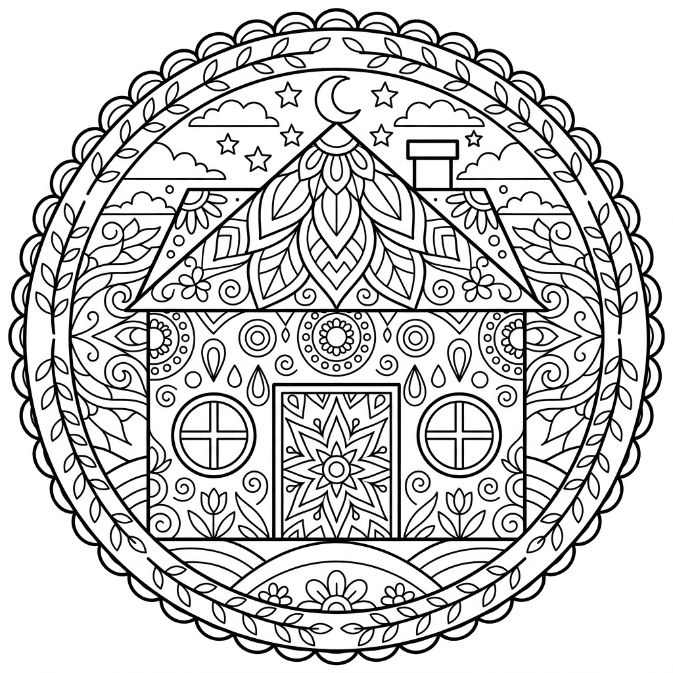 Coloriage Mandala: Maison détaillée Mandalas